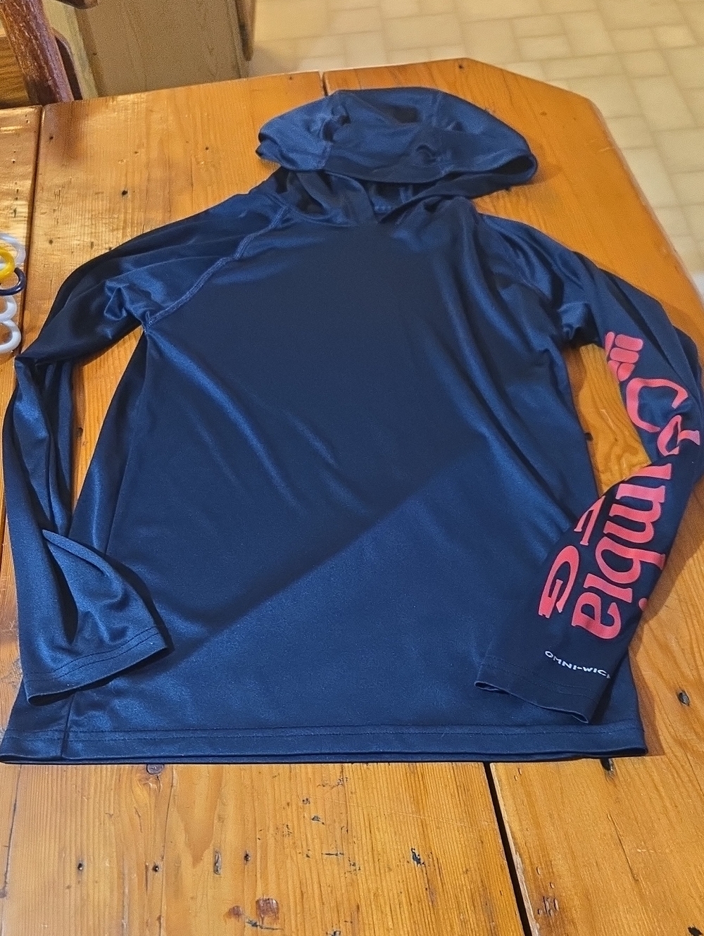 Columbia Navy Hooded Performance Shirt with  Sleeve Logo Sz L